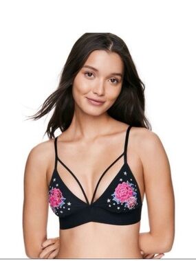 PINK Victoria's Secret Black Bralette with Pink Floral Embroidery M